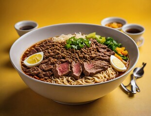 Asian noodle dish with beef, vegetables in bowl. AI Generated.