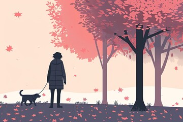 An elegant illustration capturing a solitary figure walking a dog amidst falling leaves, framed by trees in warm autumnal hues.