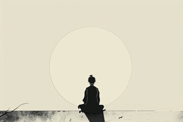 A serene illustration depicting a solitary figure meditating under the glow of a full moon in a minimalist setting.