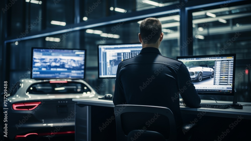 Aufkleber automotive engineer sitting in front of a computer monitoring control car factory work desk