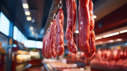 Fotobehang a hanging sausage in a market or butcher shop © Media Srock