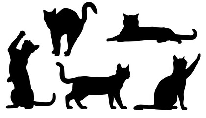  Cats Silhouettes, Black, Pose, Isolated, Jump, Stand, Run, Sit, Animal, Pet, Pussycat, Action, Vector Illustration