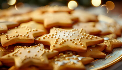 plate of sugar cookies, showcasing their golden edges and decorative icing in exquisite detail. Generative AI - obrazy, fototapety, plakaty