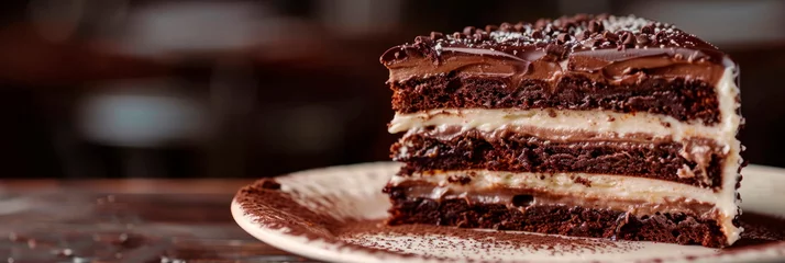 Fotobehang slice of chocolate cake, highlighting the decadent layers of moist cake and creamy frosting in exquisite detail. Generative AI © Лилия Захарчук