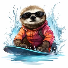 Fototapeta premium Cool summer animal. Sloth on the beach with a cocktail. Vacation with animals. Summer vibe. Summer T-shirt print