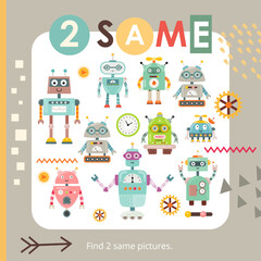 Cute Robots activities for kids. Find two same pictures. Logic games for kids. Vector illustration. Square Activity Book.