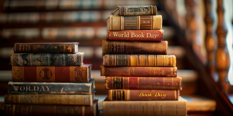 books stacked to form the shape of a staircase, with the inscription "April 23 World Book Day" ascending along the steps, symbolizing the journey of learning and discovery. Generative AI