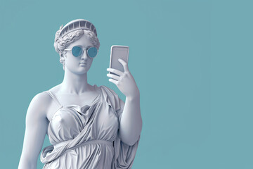 Ancient Statue Wearing Sunglasses and Holding Smartphone