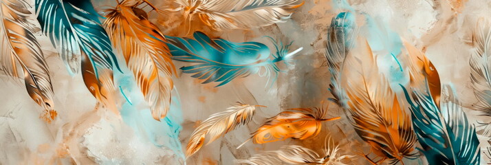 The watercolor pattern of feathers fills the space with space and atmosphere. Generative AI