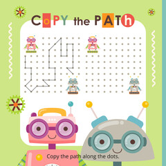 Cute Robot activities for kids. Copy the path for Robots. Logic games for children. Vector illustration. Book square format.