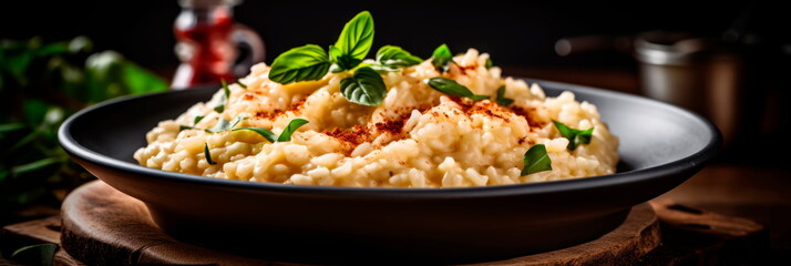 bowl of creamy risotto, showcasing the tender grains of rice and rich, savory flavors. Generative AI