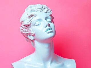 Gypsum Statue of an Ancient Bust Against a Pink Background