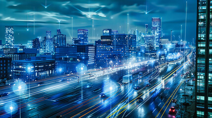 City Night Traffic and Urban Transportation, Modern Technology and Fast Motion, Business and Travel Background