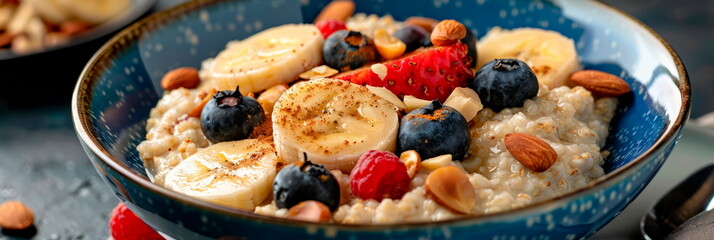 bowl of creamy oatmeal, topped with fresh fruit and nuts, showcasing the wholesome texture and flavor of the breakfast dish.Generative AI