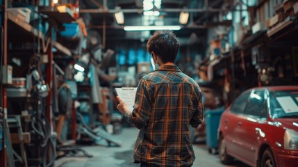 a mechanic is measuring a job checklist in a car repair shop