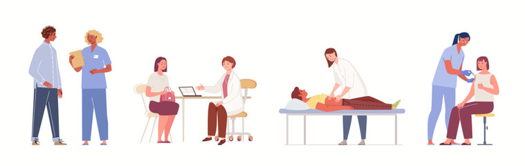 Set of doctors and patients. Medical examination, consultation, diagnostics by narrow specialists. Concept of healthcare and medicine. Clinic, hospital services. Vector flat cartoon illustration.