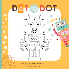 Cute Robots activities for kids. Dot to dot game – Little Robot. Numbers games for kids. Coloring page. Vector illustration.