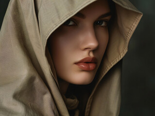 Serene Woman in Earth-Tone Hood, Close-Up Portrait