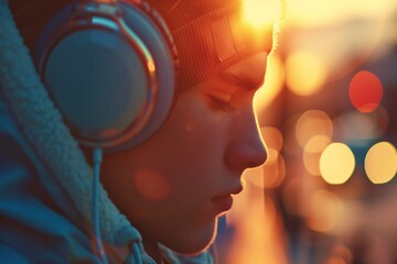 Blurred face with headphones, abstract bokeh - 757210619