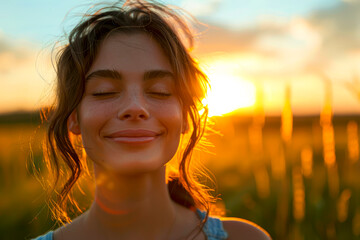Golden Hour Serenity: Radiant Woman Embraces Peaceful Bliss in Sunset Field Portrait