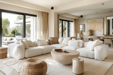 Fototapeta na wymiar A beautifully designed living room in a contemporary style, featuring a natural white and beige color scheme, capturing a cosy and simple home interior in daylight.