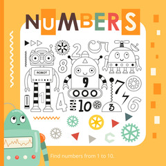 Robot math activities for kids. Find numbers from 1 to 10. Vector illustration. Square page for Activity Book.