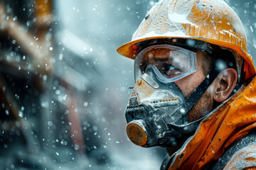 Skilled construction worker protected by top-quality dust mask amidst glass wool dust particles at construction site.