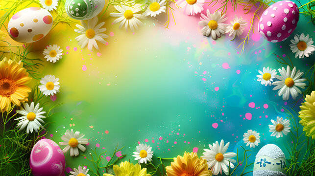 Easter background with eggs and spring flowers on pastel background 