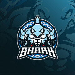 Shark mascot logo design with modern illustration concept style for badge, emblem and t shirt printing. Shark boxing illustration.