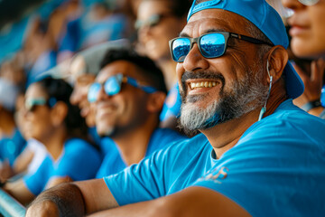 Blue shirt fans in the stands cheering on their team in the fan zone at a live match.