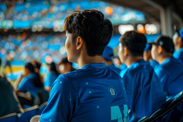 Blue-shirted fans in the stands: cheering on their team in the live match from the fan zone