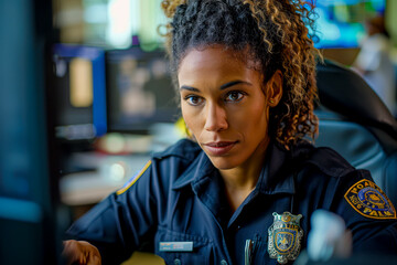 Professional African American policewoman working at police station, analyzing reports on computer. - obrazy, fototapety, plakaty