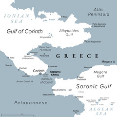 Corinth Canal, artificial waterway in Greece, gray political map. Connecting the Gulf of Corinth with the Saronic Gulf, the Ionian Sea with the Aegean Sea, separating Peloponnese the Attic Peninsula. - 757212425