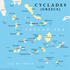 Cyclades, group of Greek islands in the Aegean Sea, political map. Southeast of mainland Greece. Cyclades means encircling and it refers to the circle, the islands form around the sacred island Delos. - obrazy, fototapety, plakaty