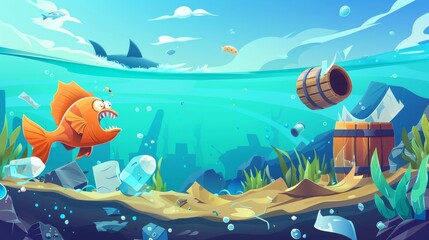 Cartoon illustration of plastic bag entangled in scared fish, a toxic barrel, waste paper and glass in the water, and a sea bottom covered in garbage.