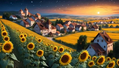Rolgordijnen A magical scene featuring Dobroslav village under a starry sky, with twinkling lights illuminating the streets and fields of sunflowers shimmering in the moonlight. © Muhammad