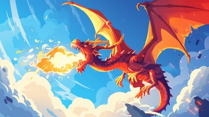 Dragon breathing fire in blue sky, Medieval adventure game character, reptile mascot. Modern illustration.