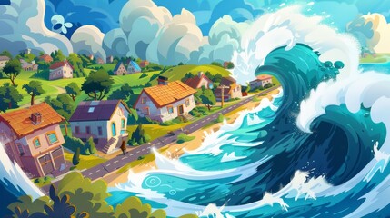 A huge tsunami waves covers private homes, roads and trees on the ocean or sea coast. Cartoon illustration of a summer landscape destroyed by a powerful earthquake.