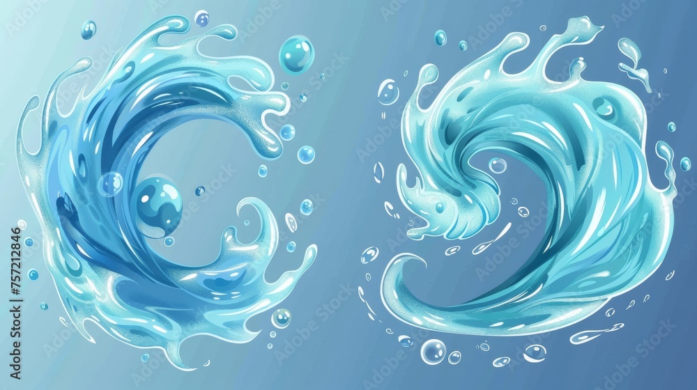 Poster Realistic modern set of clean liquid underwater spin whirlwind with shampoo blobs and transparent overlay effect. Vortex with movement of detergent or soap foam balls.