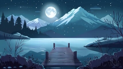 In this cartoon modern illustration, bushes and trees sit on the shore of the pond at night under full moon light with wooden pier on the lake at the foot of a mountain with snow-covered peaks.