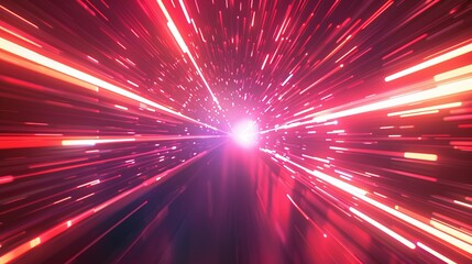 Realistic modern illustration of high speed red light warping with radial bursts. Dystopian explosion or motion circular perspective tunnel in hyperspace.