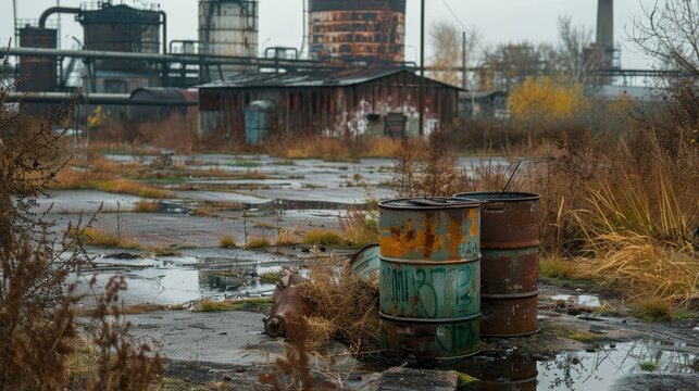 Chemically polluted site with barrels of toxic waste 