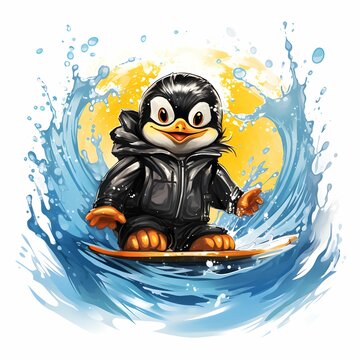 Cool surfer animal. Penguin on a surfboard. Active sports beach. Summer vibe. Illustration on a white background