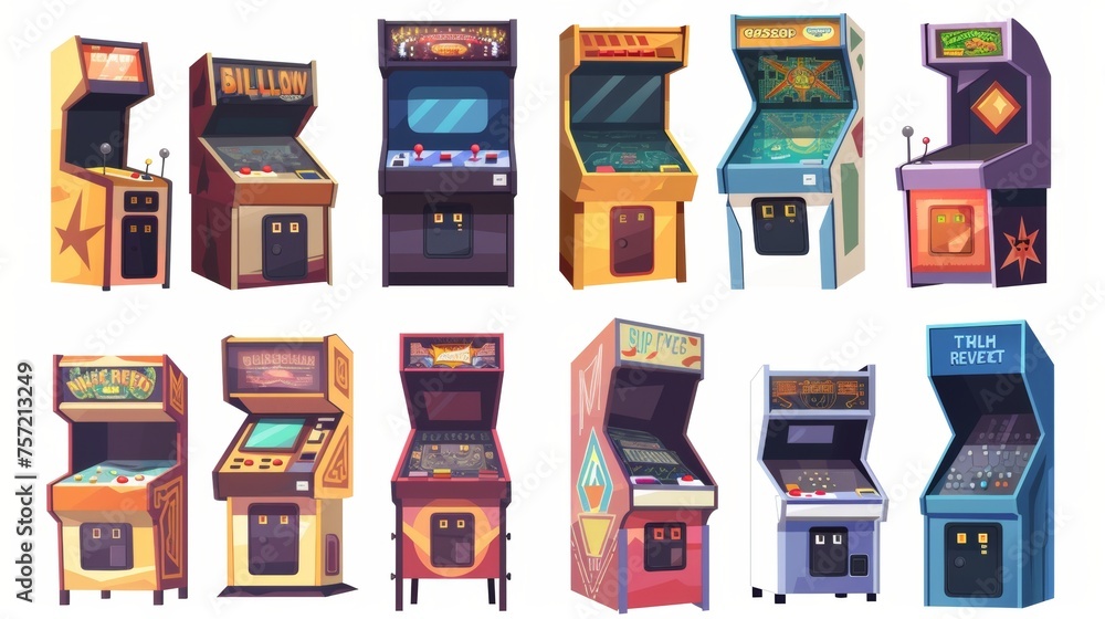 Poster set of retro arcade machines isolated on white background. it includes buttons and an arcade joystic