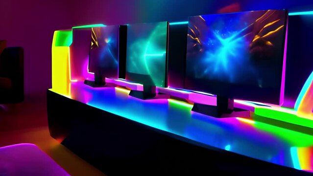 Modern gaming setup with colorful LED backlighting enhances a vibrant, virtual reality-ready room, offering an enticing escape into digital worlds