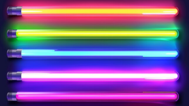 LED lamps in tube and stripe with neon colored light. A realistic modern illustration set of luminous straight electric bulbs for nightclub party decorations.