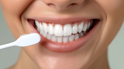 Extreme close-up of a bright smile and toothbrush, highlighting dental care.
