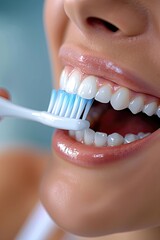 Close-up of smiling person brushing teeth with toothbrush.