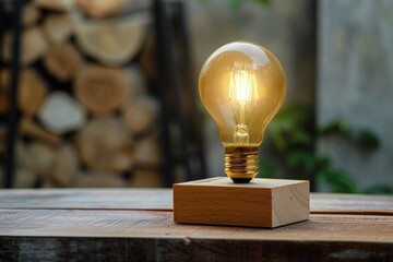 Light bulb in wooden block, concept of idea, creativity and innovation.