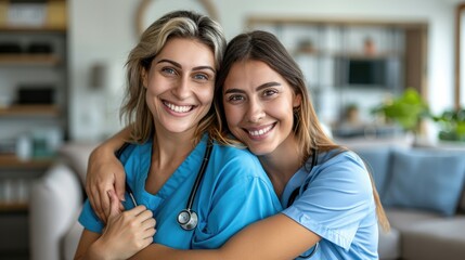 Two happy nurses embracing, smiling at the camera.
